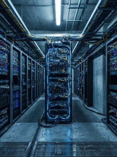 Stark technical server node, glowing blue lines, cold fluorescent lighting, wide-angle architectural lens, deep desaturated blue and slate tones.