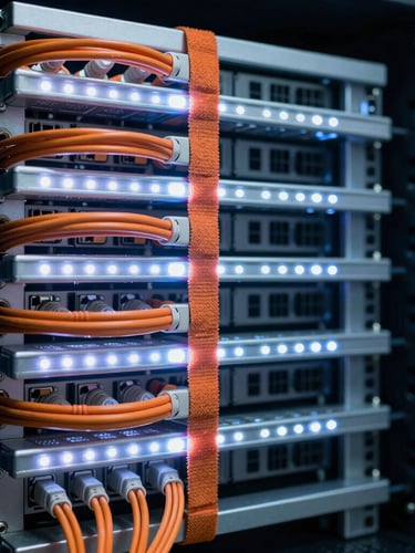 Straight-on perpendicular shot of a perfectly organized server cabinet, orange fiber optic cables neatly bundled with hook-and-loop straps, cool white LED data center lighting, macro detail