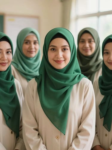 Warm group portrait of Muslimah teachers in coordinated elegant green hijabs standing inside a bright classroom, smiling gently, warm editorial photography, 35mm