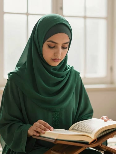 Serene Muslimah student in elegant deep emerald green hijab studying an open Mushaf Al-Qur'an on a wooden rehal, soft morning window light, warm editorial photography, 35mm