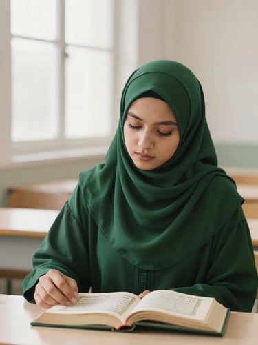 Serene Muslimah student in elegant dark green hijab studying an open Mushaf Quran under soft window light in a clean, modern Islamic classroom, 35mm photography