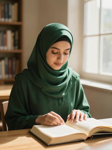 Serene Muslimah student in elegant dark green hijab, reading Quran in a softly sunlit library, warm golden hour light, 35mm photography