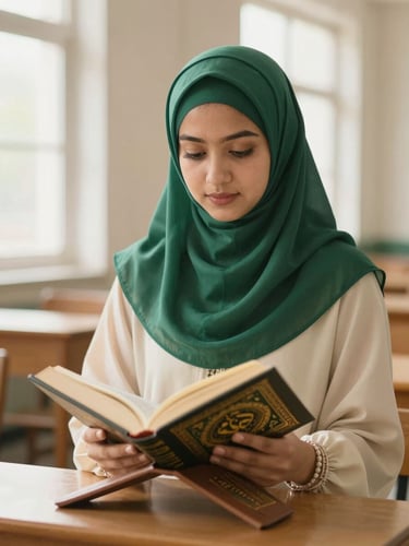 Serene Muslimah student in elegant emerald hijab holding an open Mushaf Al-Qur'an inside a warm, naturally lit classroom with soft window light, 35mm photography