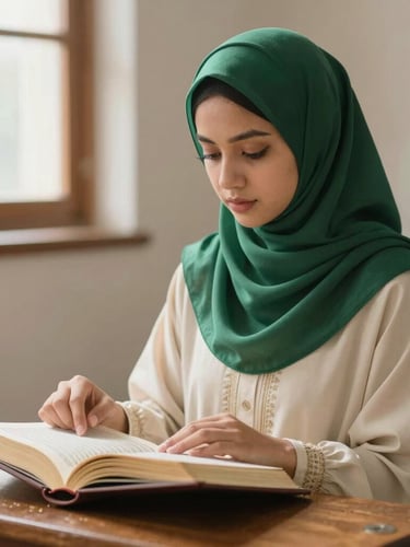 Warm editorial photography of a young Muslim woman in elegant emerald hijab reading an open Quran on a wooden rehal, soft natural window light, shallow depth of field.
