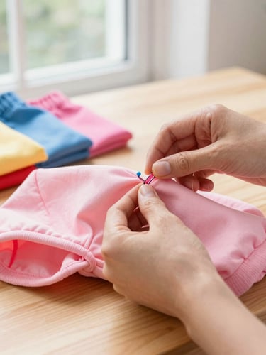 Close up of artisanal hands carefully stitching a colorful pink pet hoodie on a clean wooden table, natural window light, vibrant fabrics in background