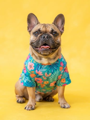 Vibrant pet photography of a happy French Bulldog wearing a custom-fit colorful teal shirt, sitting comfortably on a bright cheerful yellow studio background, sharp focus