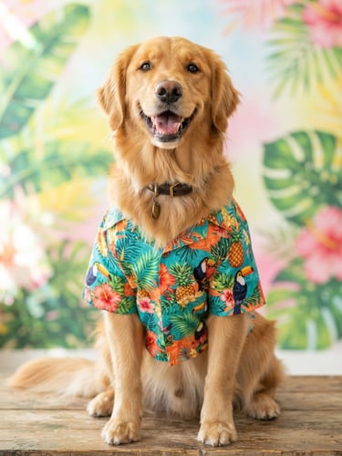 Perro labrador con collar y camisa veraniega de tucanes y piñas 