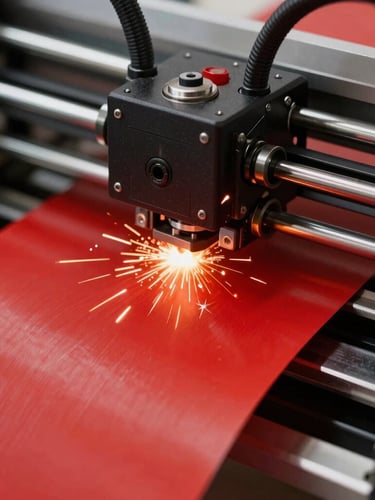 Macro close-up of a high-speed vinyl plotter feeding bright red material, sharp mechanical details, sparks of static.