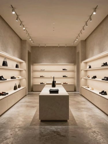 Symmetrical architectural shot of a luxury retail store interior, warm spotlighting on clean display units, polished concrete floor, premium minimalist design.