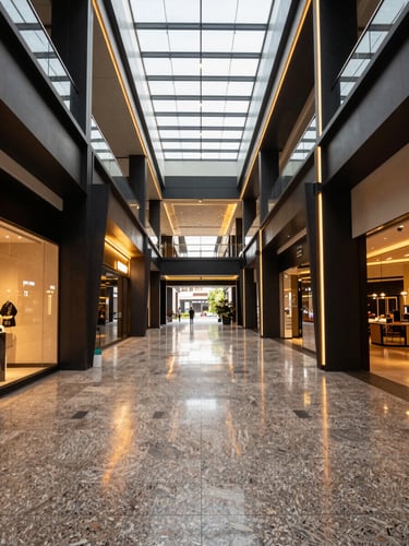 Symmetrical architectural shot of a modern luxury shopping mall corridor in Odisha, polished granite floors reflecting warm spotlighting, minimalist black and gold architectural lines, high-contrast daylight from a glass atrium.