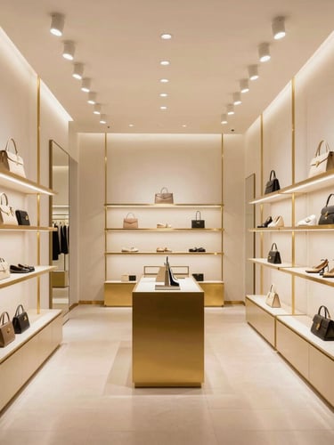 Polished high-end retail store interior with gold accents and warm spotlights, perfectly aligned geometric framing