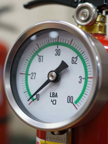 Close-up of a high-contrast industrial fire extinguisher pressure gauge showing the needle in the green zone, clean workshop background, technical lighting.