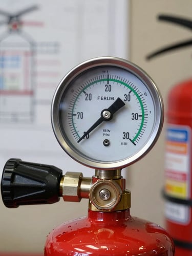 Close-up of a professional pressure gauge on a clean industrial fire extinguisher, sharp focus on the green zone of the dial, natural workshop lighting, technical blueprint textures in the background.
