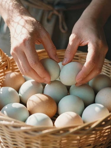 Hands gathering pale blue and brown heritage eggs in a woven wicker basket, sun-dappled morning light filtering through coop mesh, warm organic tones, 35mm film.