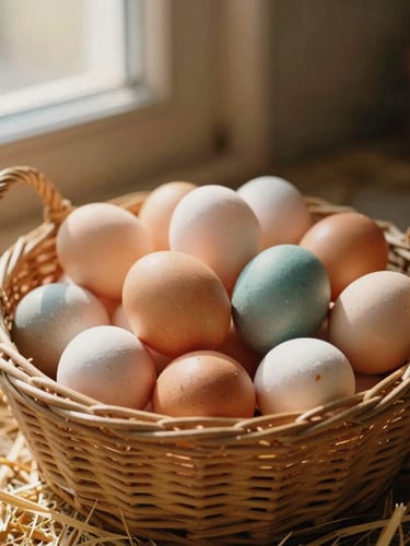 A wicker basket filled with freshly gathered colorful heirloom eggs sitting in dappled coop light on a bed of straw, warm rustic tones, 35mm film.