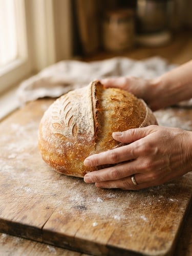 Close-up detail of hands holding a freshly baked, golden sourdough round on a flour-dusted worn wooden board, warm morning window light, shallow depth of field, 35mm film.