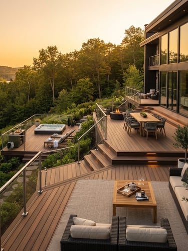 Architectural wide-angle shot of a luxury multi-level composite deck with modern outdoor furniture, warm golden-hour sunlight, rich natural wood tones, clean lines, sharp focus, 35mm