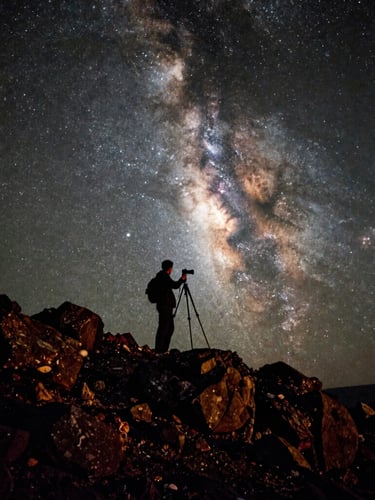 A photographer standing next to a tripod on a dark, rocky ridge under a massive, clear Milky Way galaxy, deep contrast, natural starlight, cinematic 35mm film aesthetic.