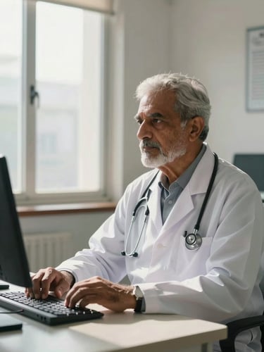 Side-lit portrait of a senior Pakistani male physician in a white clinical coat, seated at a consultation desk with a focused expression, north-facing natural light from a tall window on his left, stethoscope visible, no direct camera gaze, clinical setting
