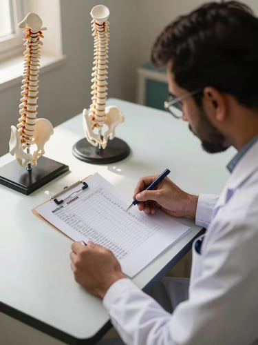 Overhead angle of a Pakistani rehabilitation specialist reviewing a printed patient milestone chart on a clinical desk, a spine model beside it, warm tungsten corridor light bleeding in from the left, crisp and focused