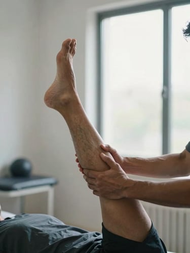 Close-up side angle in a bright physiotherapy room, a physiotherapist's hands gently guiding a patient's raised leg through a prescribed movement exercise, soft north-facing natural daylight from a tall window, clinical space visible in background, authentic Pakistani clinical setting