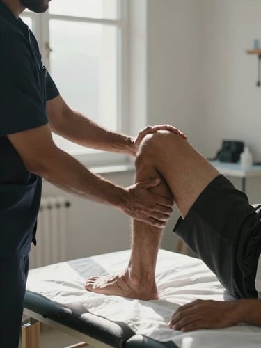 Close side-angle shot of a Pakistani physiotherapist guiding a patient's knee flexion on a clinical plinth, hands firmly placed on the limb, north-facing window light casting clean shadows across the white linen, clinical therapy room visible in the background