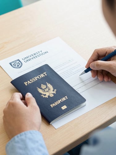A close-up of a student's hands reviewing a passport and an official university acceptance letter on a clean wooden desk, soft natural light, teal accents