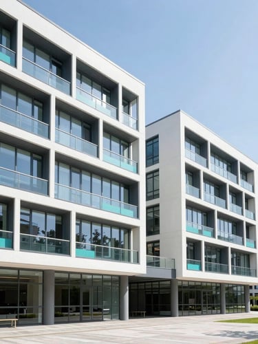 Bright architectural shot of a modern global university campus building, clean lines, optimistic daylight, professional editorial photography