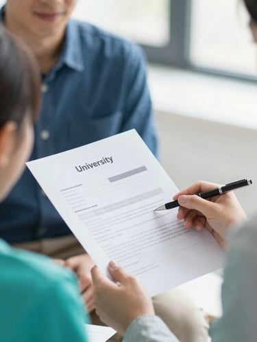 Close-up of a student in a bright, natural daylight consultation with a professional counselor, reviewing university acceptance letters, 35mm lens, crisp teal accents