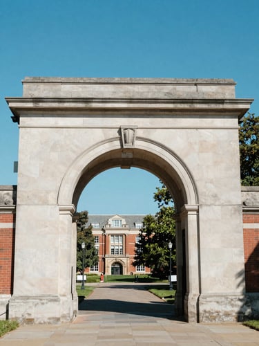 Bright natural daylight shot of a historic university campus archway with crisp blue sky, editorial style, 35mm lens