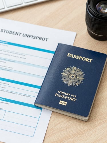 A close-up of a student visa application form next to a crisp Indian passport on a clean wooden desk, bright natural daylight, 35mm lens