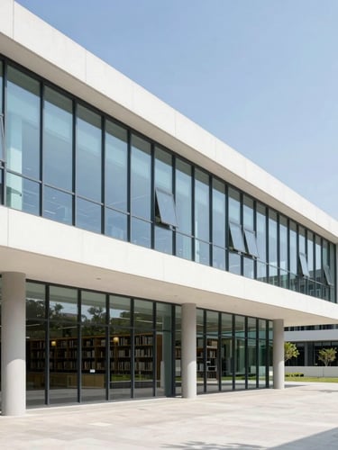 Modern architectural campus library with clean lines and large glass windows, bright daylight, professional composition, 35mm lens