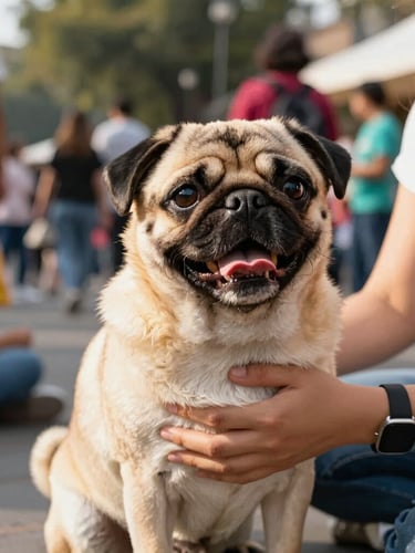 A happy pug being gently held by its owner during a community outdoor meetup in Mexico City, bright natural daylight, warm editorial style