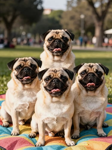 Close-up of three happy pugs sitting together on a colorful picnic blanket in a CDMX park, bright natural daylight, eye-level canine portrait, warm editorial photography