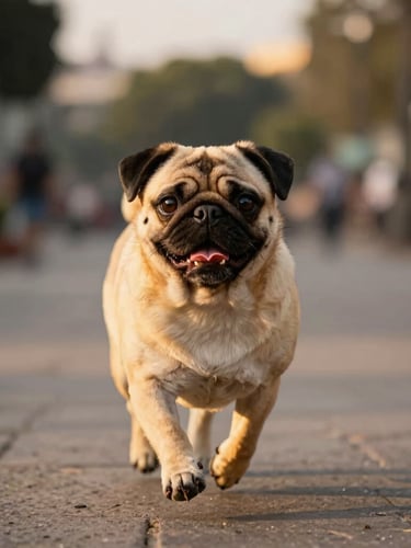 Un pug arena feliz corriendo en el pasto hacia la cámara, luz natural cálida de atardecer en un parque de la CDMX, retrato nítido a nivel de piso con fondo desenfocado