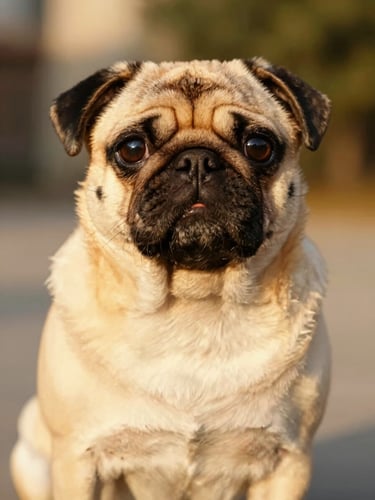 Close-up portrait of an adorable healthy pug looking directly at the camera with large expressive eyes, warm golden-hour daylight, soft background