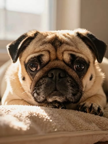 Eye-level portrait of a healthy fawn pug resting its chin on a soft beige blanket, warm golden-hour daylight streaming from a window, highlighting its clear eyes and clean facial wrinkles, shallow depth of field, 35mm photography