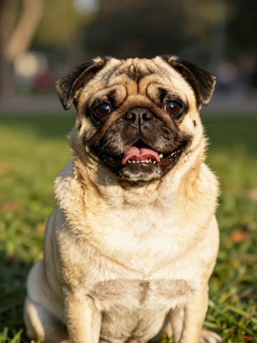 Warm editorial portrait of a healthy happy pug with clean wrinkles, sitting proudly in a sunlit CDMX park, eye-level shot, natural golden-hour daylight, shallow depth of field