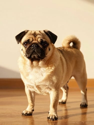 Full-length editorial portrait of an elegant pug standing on a warm wooden floor, soft golden-hour light from the side, clean minimalist background, 35mm