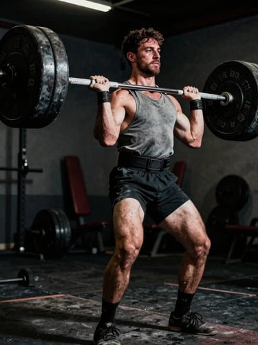 Gritty high-contrast photograph of a male athlete lifting heavy iron, deep shadows, sharp highlights, raw physical effort, 35mm film grain