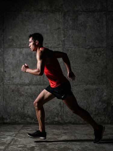 Low-key high-contrast side profile of a male athlete running in a dark brutalist concrete space, sweat dripping, dramatic highlights, deep shadows, raw physical effort