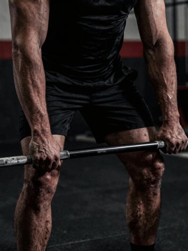 Close-up of a male athlete's chalked hands gripping a heavy steel barbell, dramatic low-key lighting, deep shadows, gritty gym environment, high-contrast monochrome tones with a hint of red.