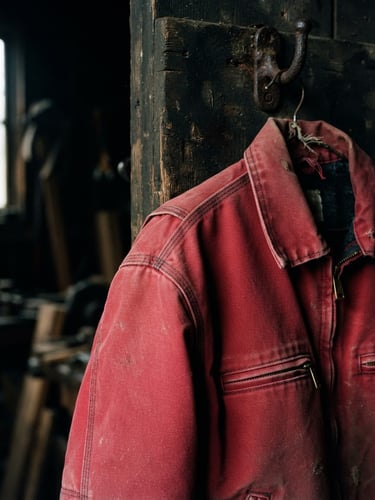 Moody close-up of a heavy crimson canvas work jacket hanging on a rusty iron hook in a dark workshop, side light casting deep shadows on the thick triple-stitched seams.