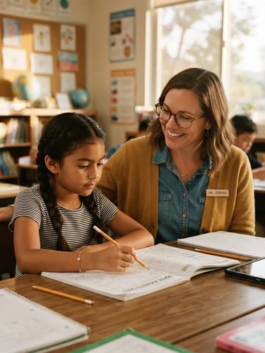 Environmental portrait of a local educator working with a student, warm golden-hour sunlight illuminating a classroom in Irvine, 35mm editorial photography.