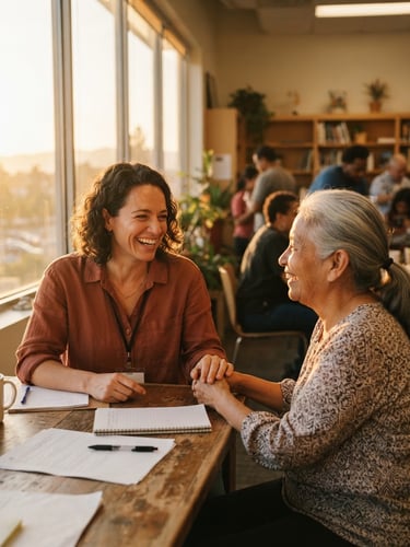 A warm environmental portrait of a community coordinator in Irvine, natural golden-hour sunlight streaming through a window, authentic smile, shallow depth of field, 35mm.