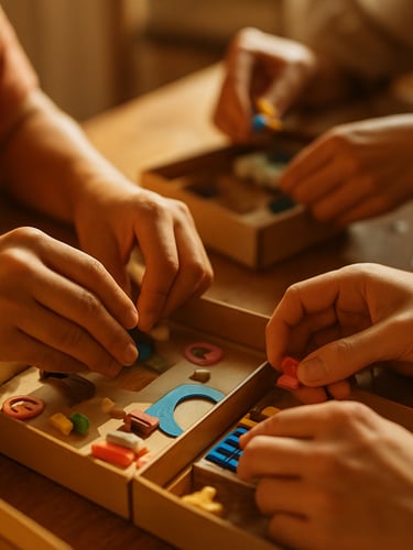 Close-up of hands working together to assemble educational kits in a bright, sunlit room, shallow depth of field, natural warm tones.