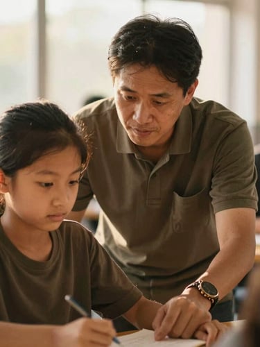 A medium close-up of a mentor guiding a young student during an educational session, natural golden-hour sunlight, authentic connection, 35mm