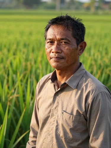 Close-up of a proud Indonesian farmer in a lush green rice field during early morning golden hour, sharp focus, 50mm