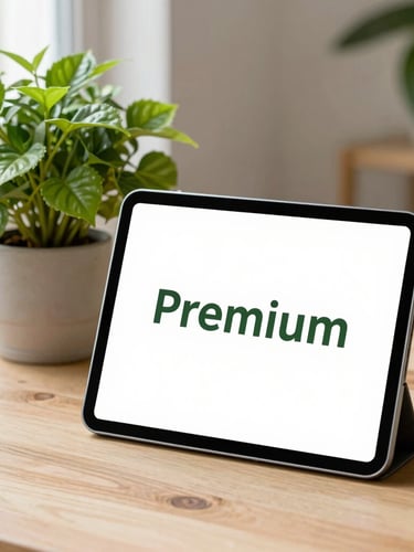 Premium digital ebook mockup displayed on a modern tablet screen next to a lush, vibrant green potted plant on a clean, light-colored wooden table, bright natural morning daylight, sharp focus