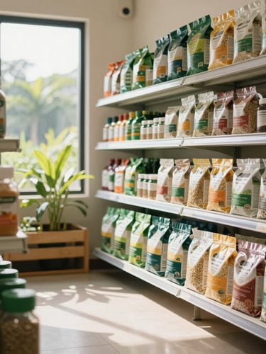 A bright, clean interior of a modern agricultural supply store in Indonesia, featuring neatly organized shelves of premium seeds and fertilizers, warm natural morning light streaming through large windows, sharp focus, professional photography.